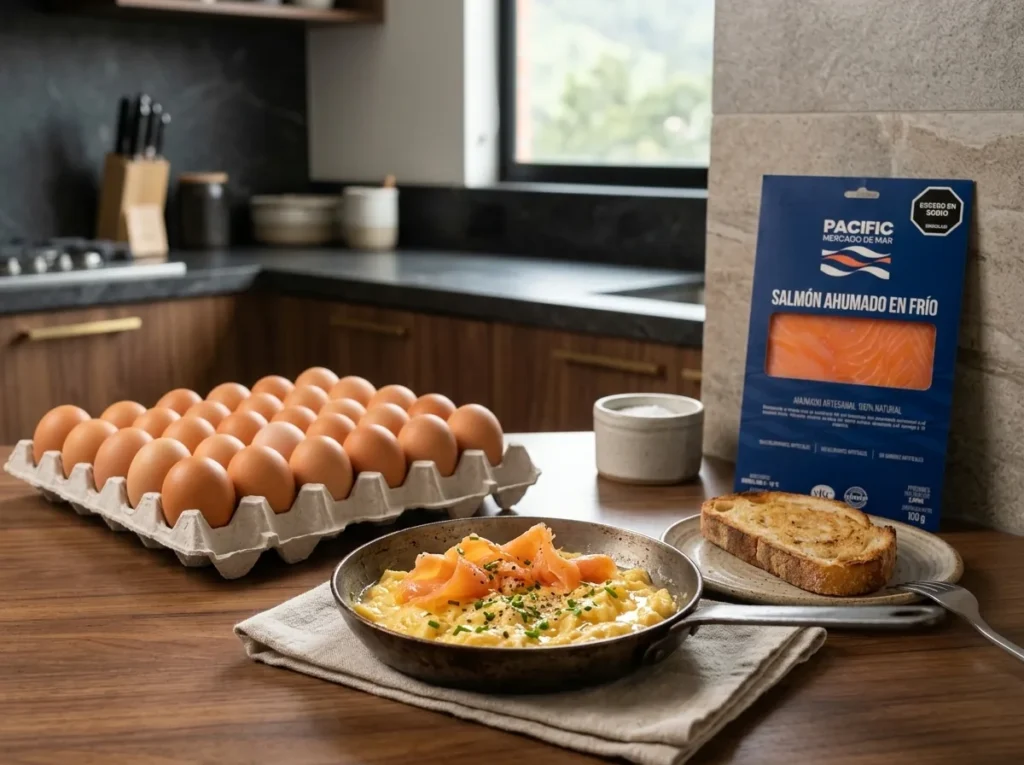 Huevos revueltos cremosos con tiras de salmón ahumado y cebollín