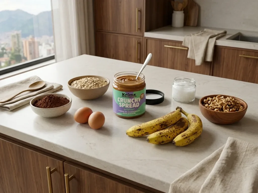 Ingredientes del brownie sin azúcar: banano maduro, huevos, cacao, avena y crema de marañón