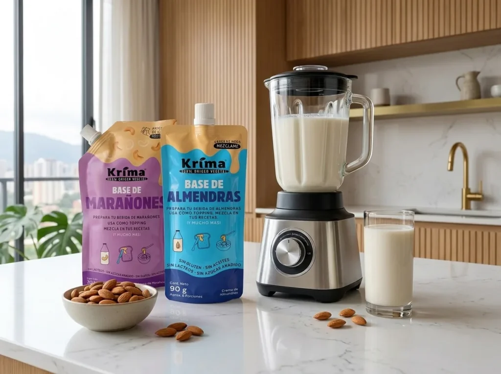 Leche de almendras recién licuada con la base concentrada Krima