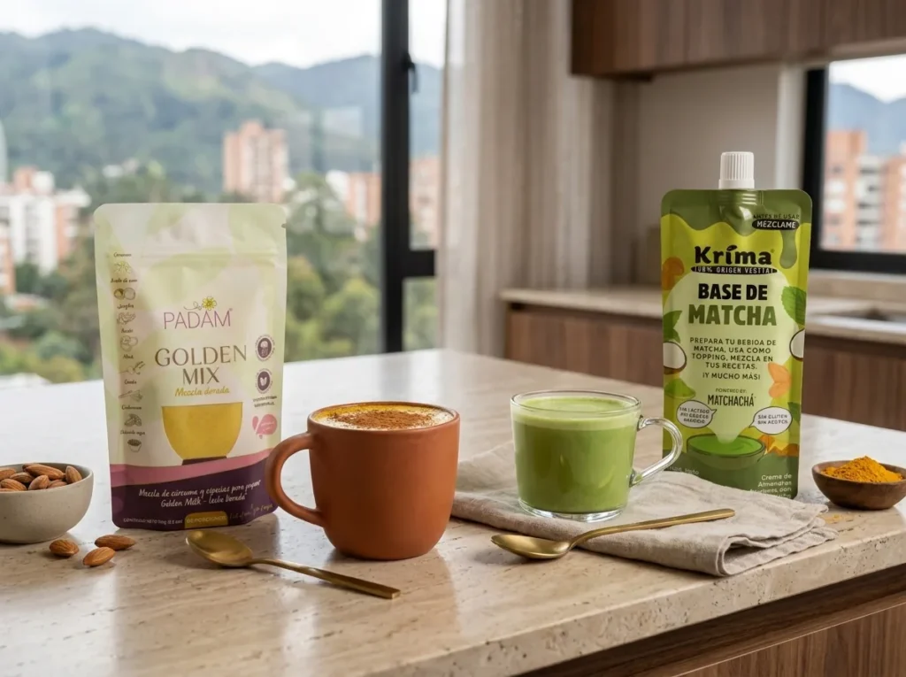 Leche dorada con cúrcuma y matcha latte preparados con leches vegetales