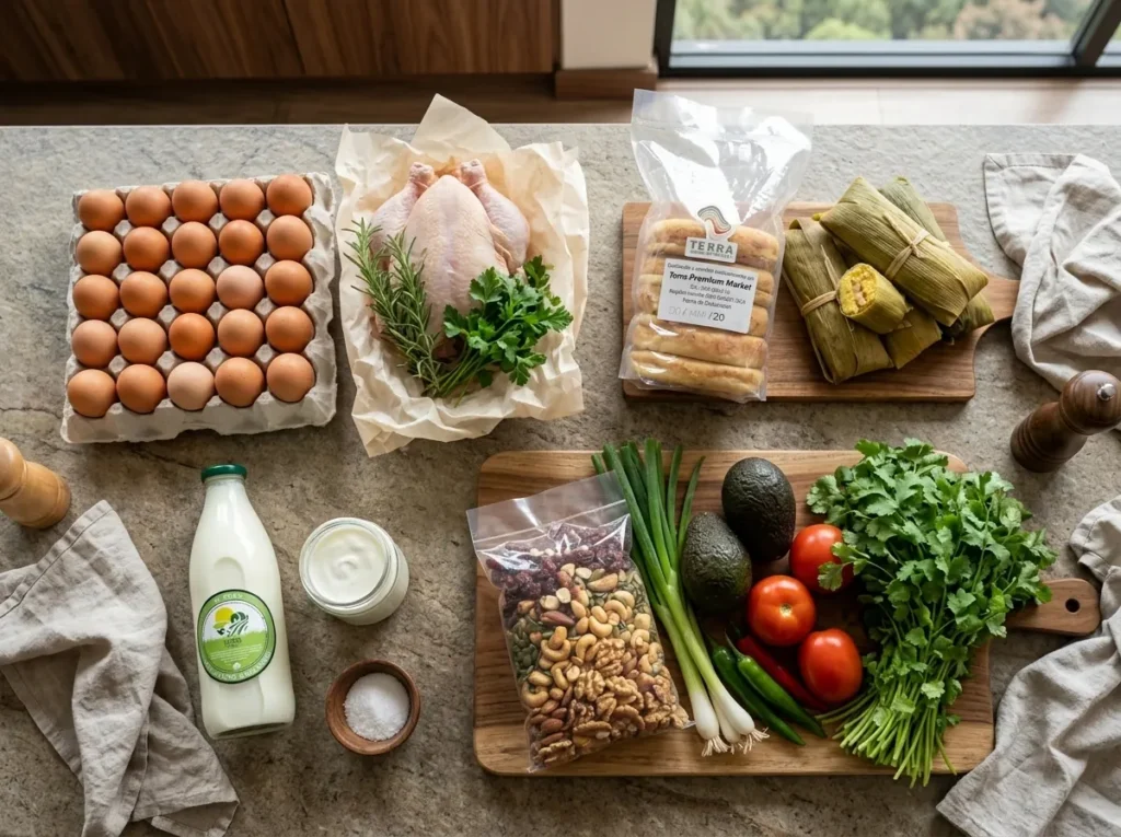 Mercado de la semana organizado en cuatro grupos: proteínas, panadería, lácteos y snacks