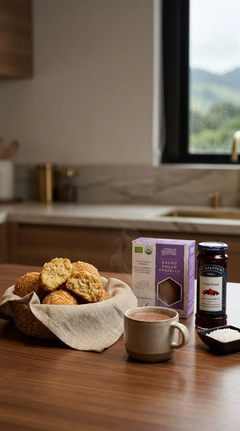 Mogollas de coco y sagú en canasta con taza de chocolate caliente