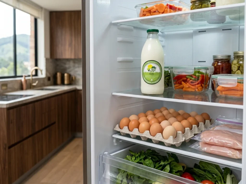 Nevera organizada con kéfir, huevos campesinos y pollo porcionado