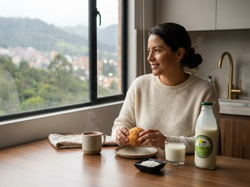 Mujer tomando onces con una mogolla tibia, chocolate y kéfir junto a la ventana