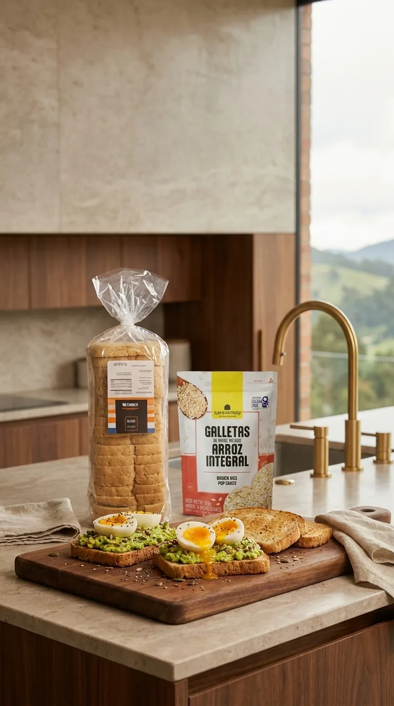 Pan de arroz tostado con aguacate y huevo, junto al pan tajado de arroz sin gluten