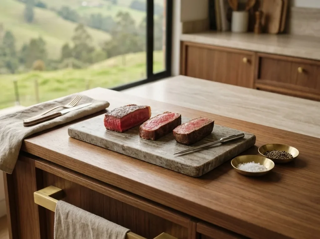 Tres tajadas de carne de res que muestran los puntos de cocción, con termómetro de cocina