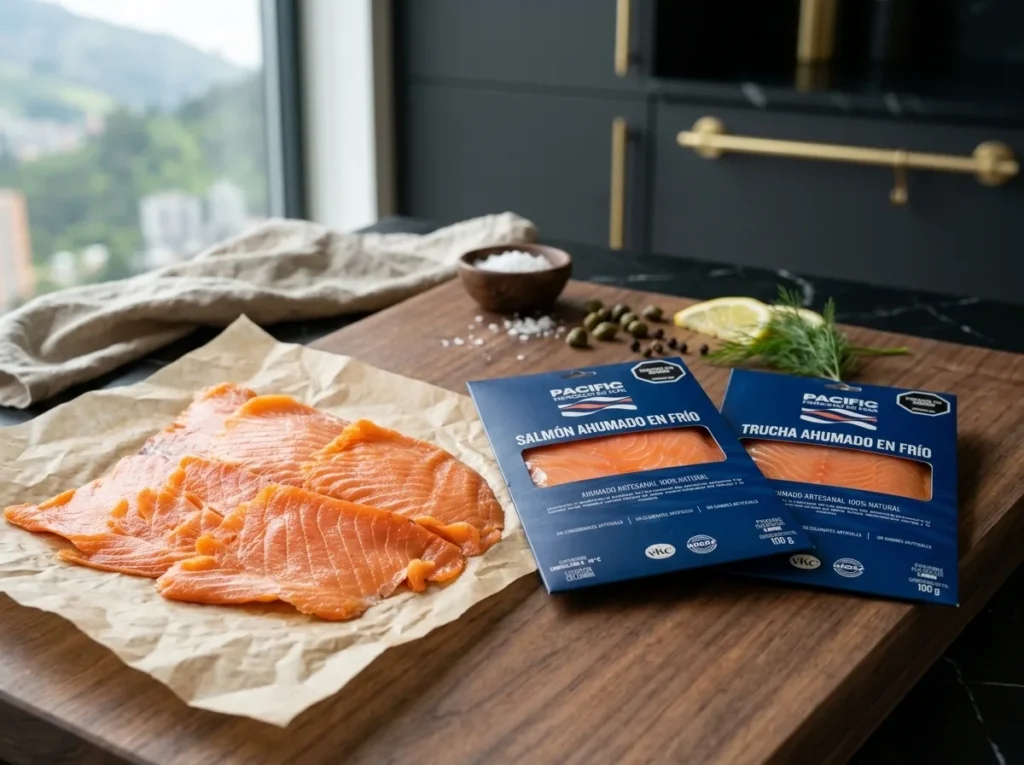 Láminas de salmón ahumado en frío con su color coral, junto a trucha ahumada