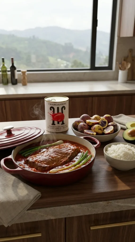 Sobrebarriga suave en salsa criolla dentro de una olla de hierro, con papa y aguacate