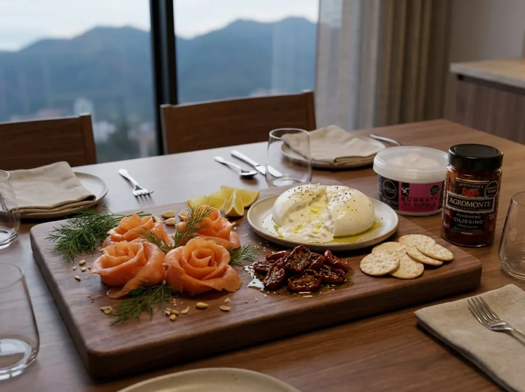 Tabla para compartir con salmón ahumado, burrata y tomates cherry semisecos