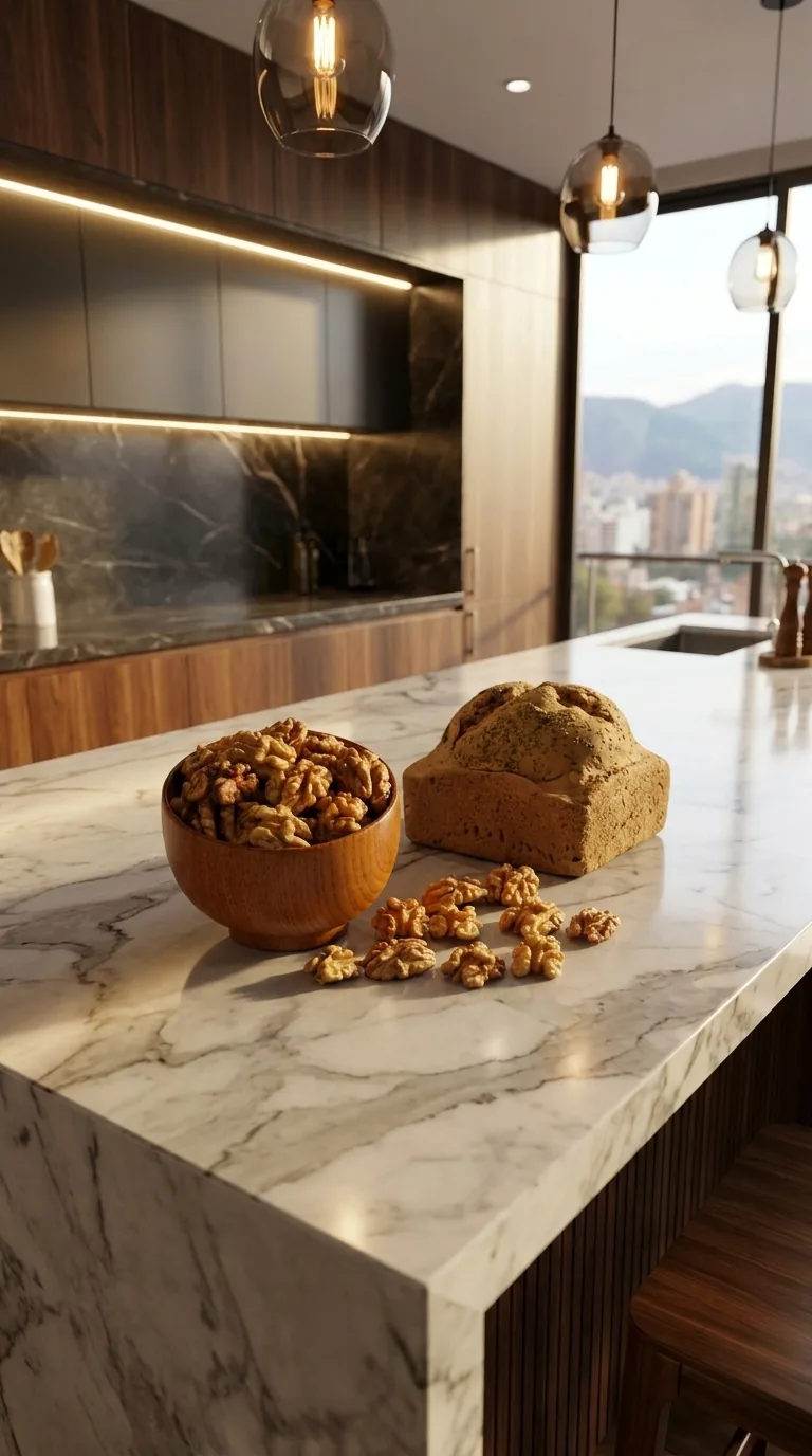 Torta de banano y nueces de nogal sobre una isla de mármol, un postre sin azúcar añadida
